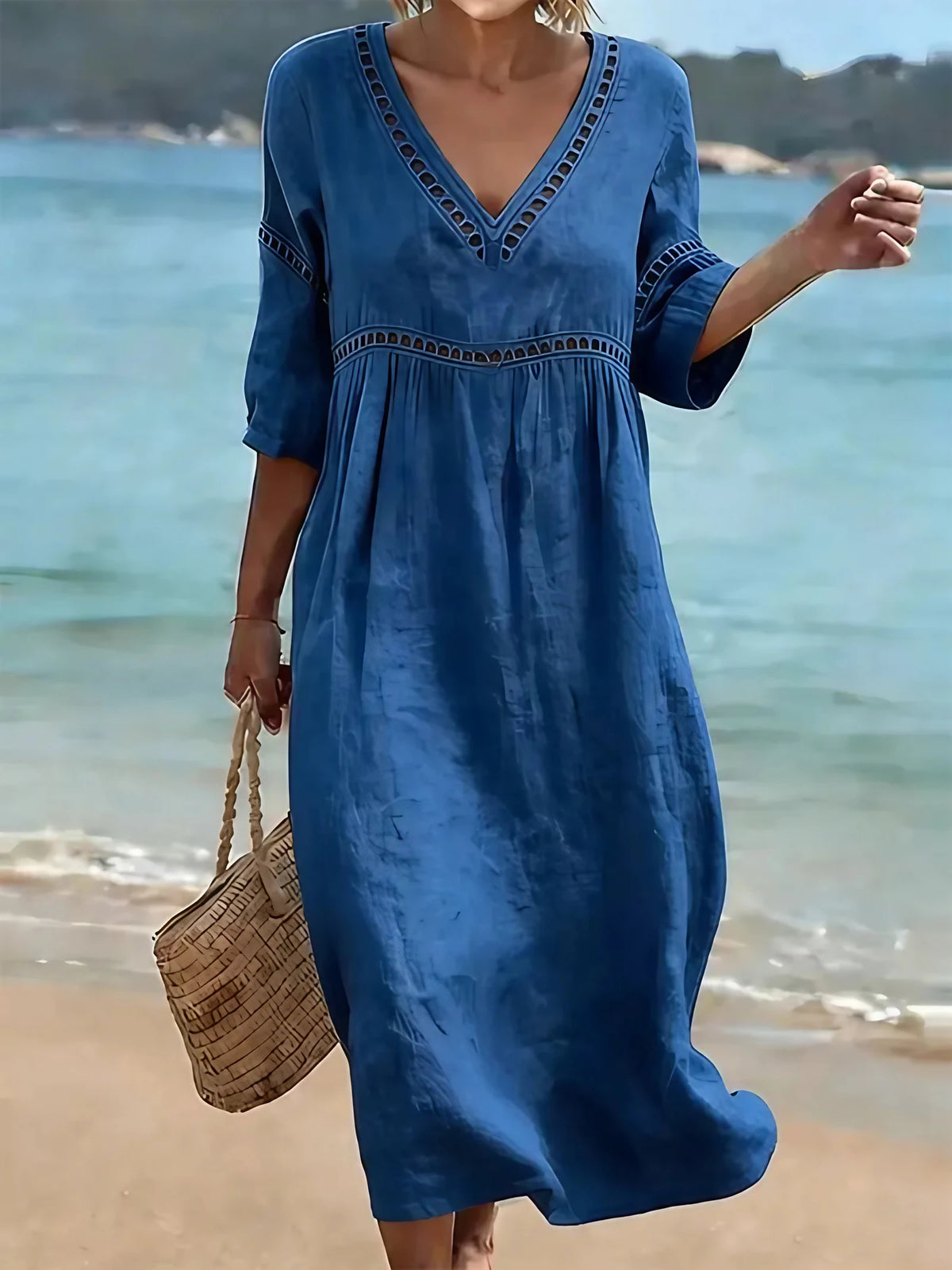 Robe en coton femme col V, mi-longue, manches courtes et poches, bleu marine