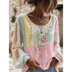 Blouse femme brodée de fleurs, style bohème, manches longues, vert et rose