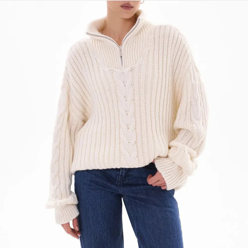 Pull femme col montant zippé, blanc, du XS au XL