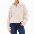 Pull femme col montant zippé, blanc, du XS au XL