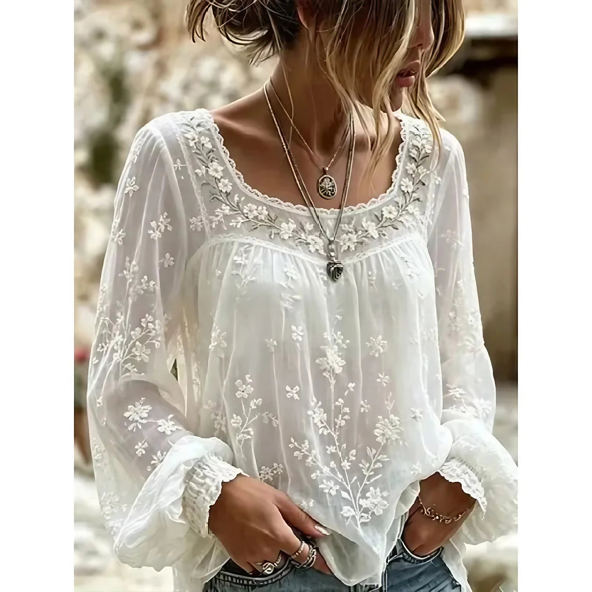 Blouse femme brodée de fleurs, style bohème, manches longues, blanc