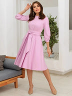 Robe midi femme nouée à la taille, coupe fluide, dix coloris, rose