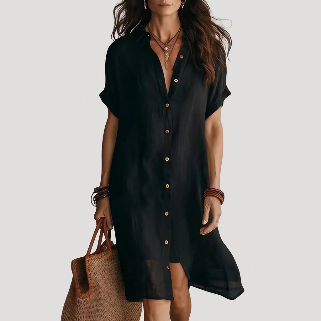 Robe chemise longue femme col V boutonnée, manches courtes, noir
