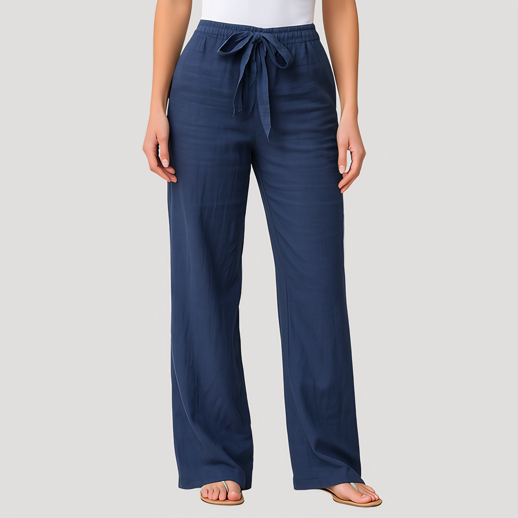 Pantalon en lin femme droit, taille élastique à lien, du S au 5XL, bleu marine