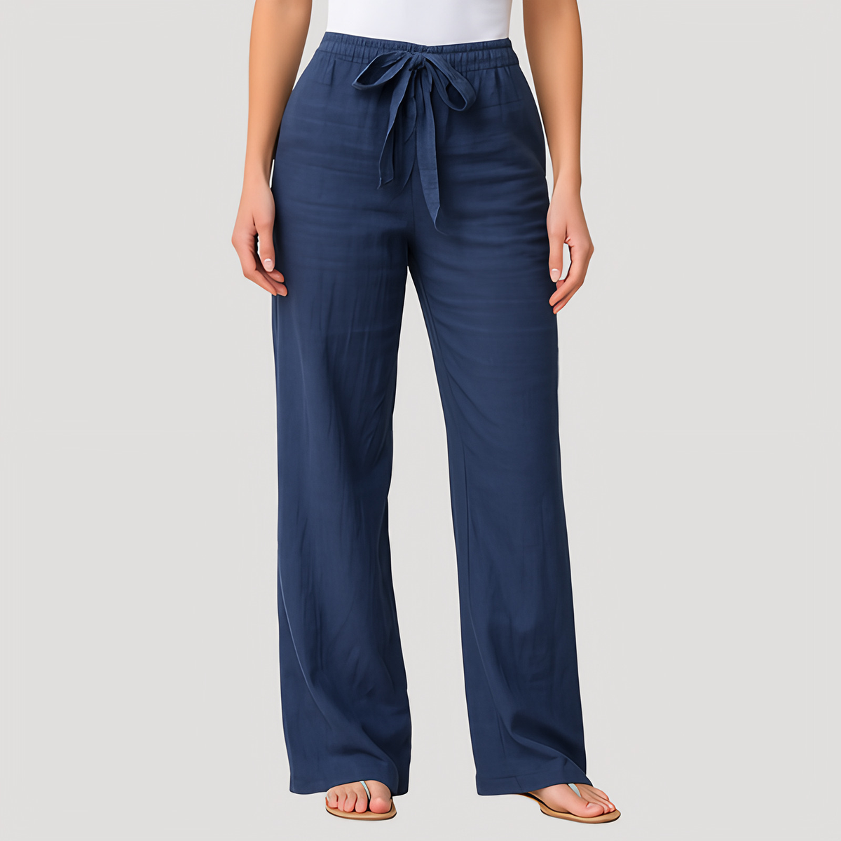 Pantalon en lin femme droit, taille élastique à lien, du S au 5XL, bleu marine