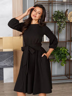Robe midi femme nouée à la taille, coupe fluide, dix coloris, noir
