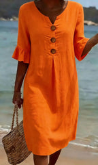 Robe en coton et lin femme boutonnée, manches courtes à volants, orange