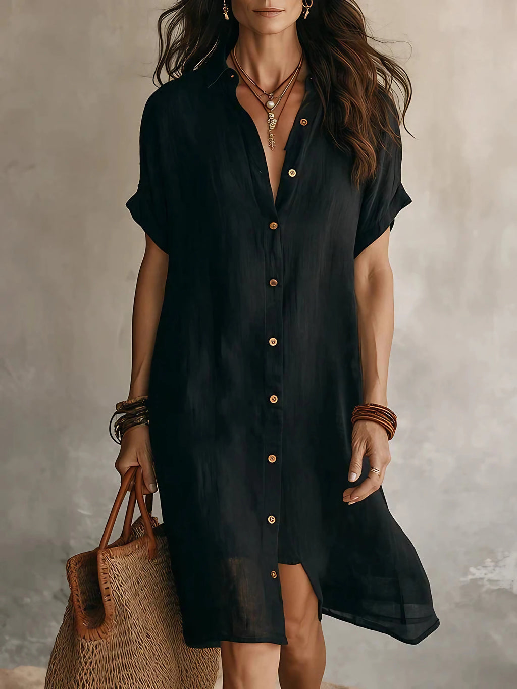 Robe chemise midi femme à manches courtes et boutons contrastants, noir