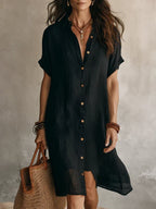 Robe chemise midi femme à manches courtes et boutons contrastants, noir