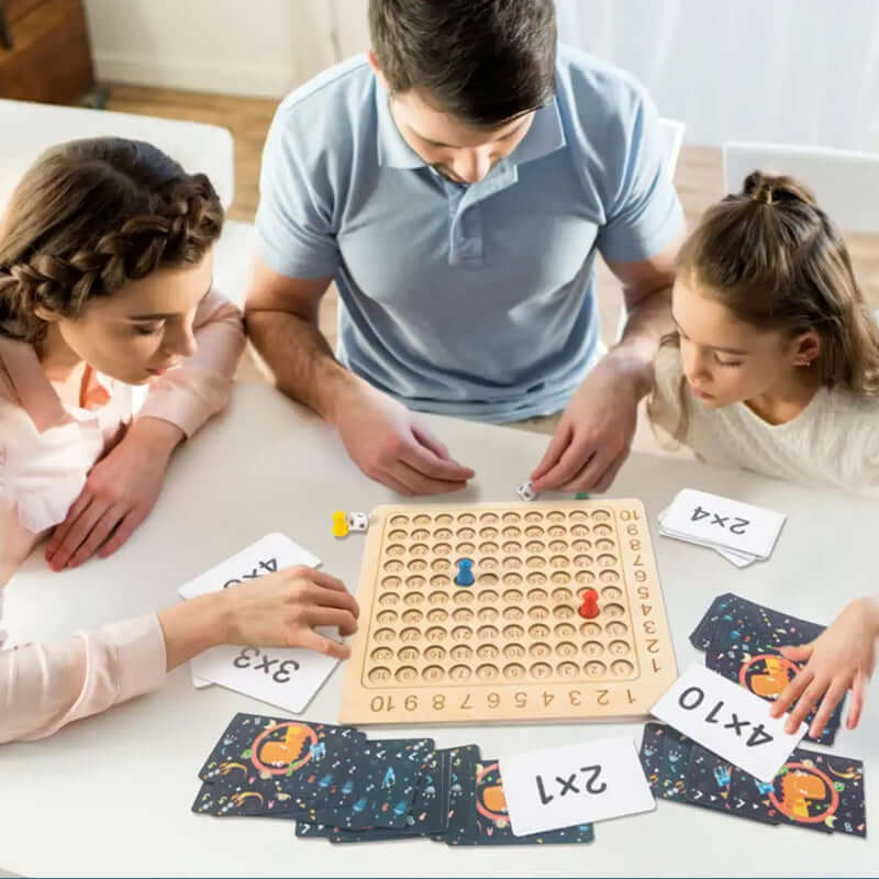 Jeu de multiplication en bois : plateau, 100 cartes et 2 dés