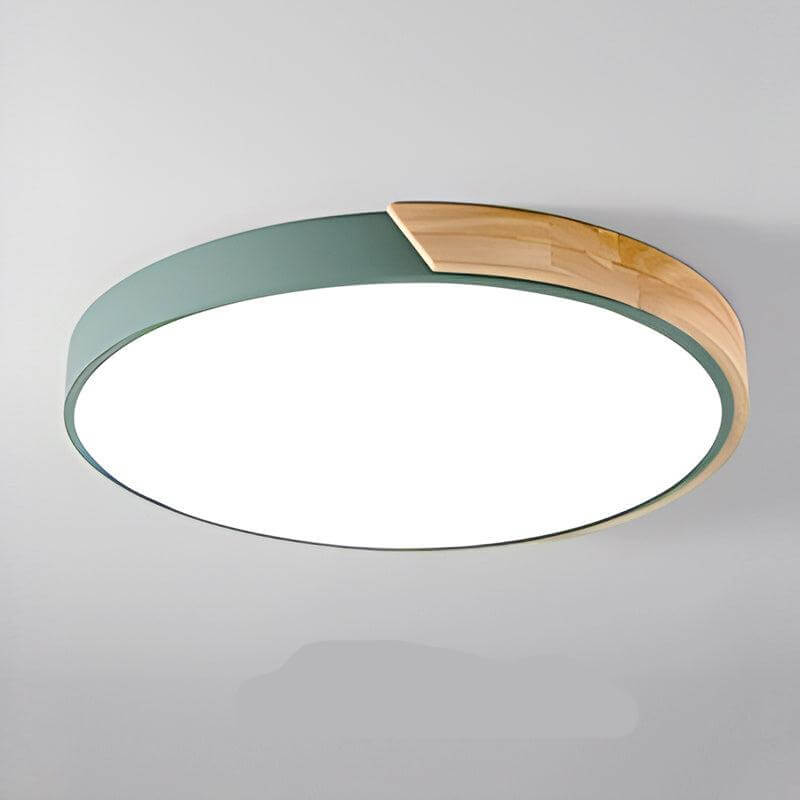 Plafonnier LED rond style scandinave, finition bois en option, vert