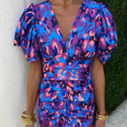 Robe longue imprimée à manches bouffantes et col V, pourpre
