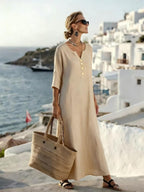 Robe en coton et lin femme, coupe ample, manches 3/4, abricot