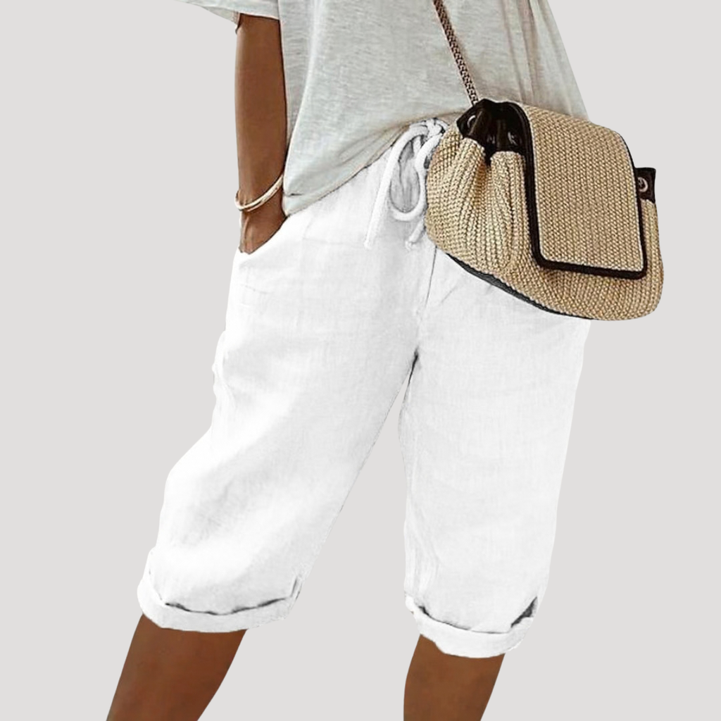 Bermuda femme taille élastique à cordon, coupe ample, blanc