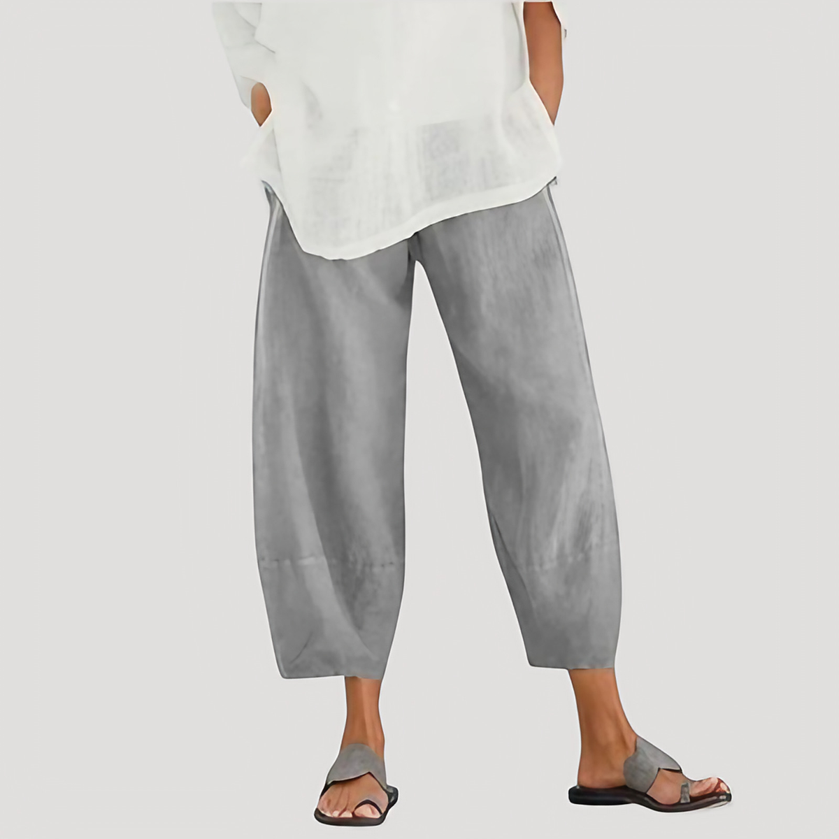Pantalon en lin femme ample, taille élastique, du S au 5XL, gris