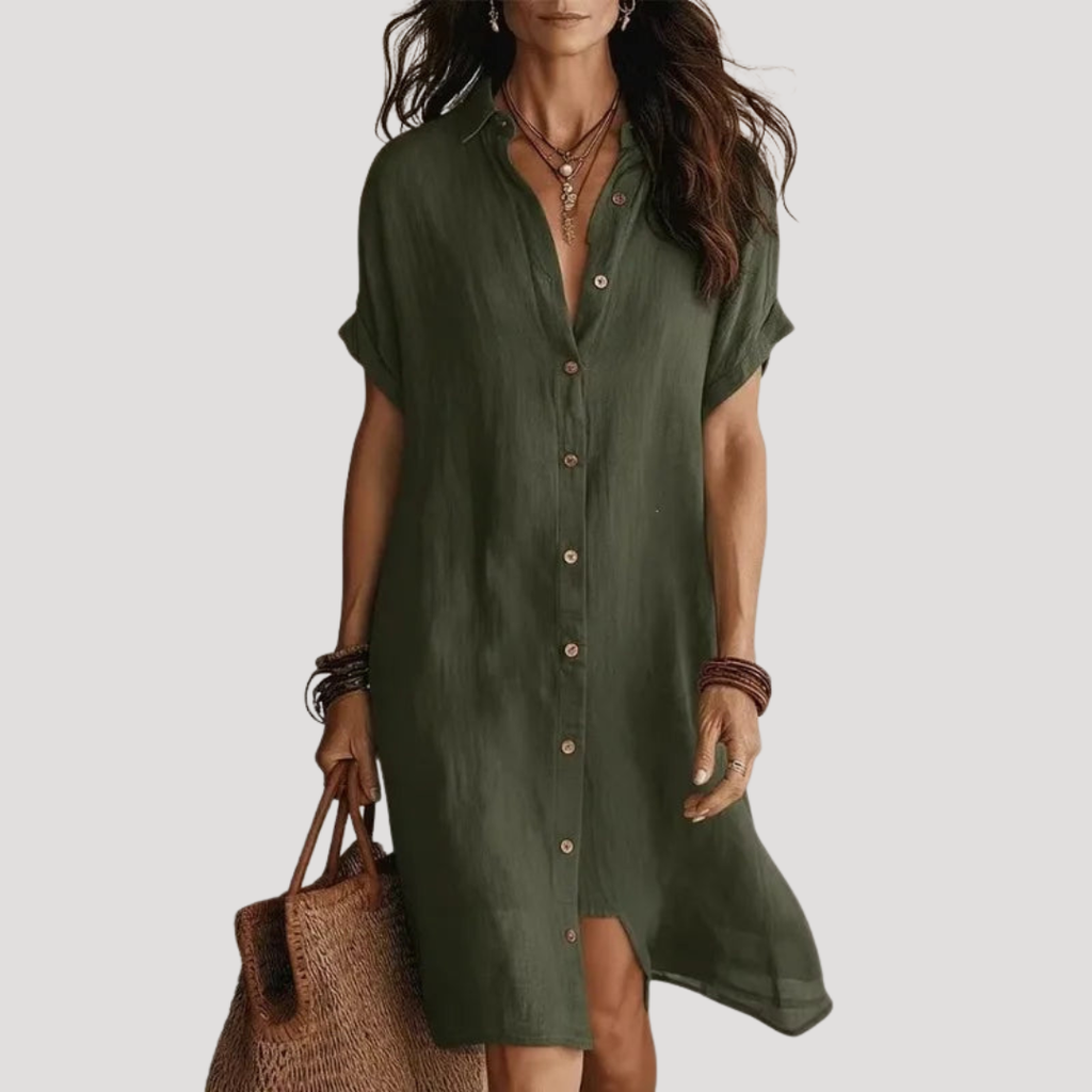 Robe chemise longue femme col V boutonnée, manches courtes, vert militaire