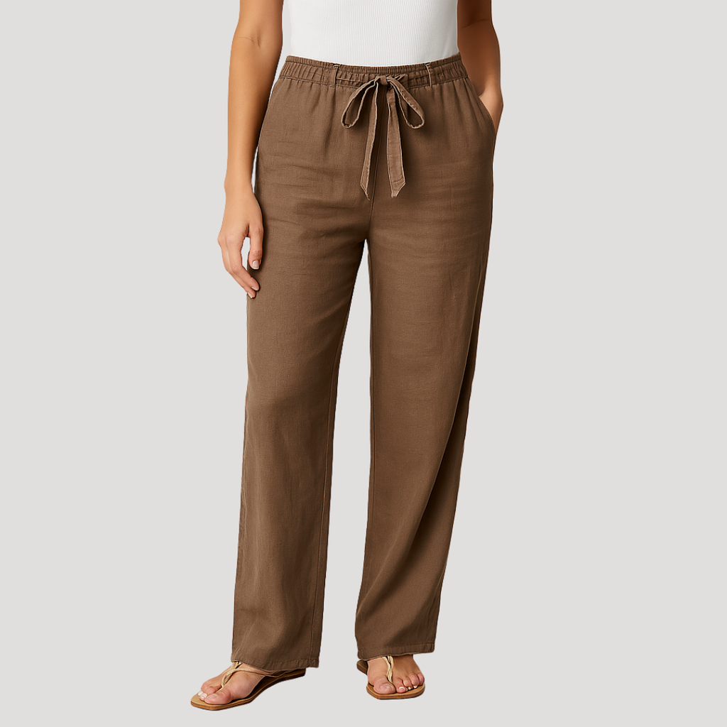 Pantalon en lin femme droit, taille élastique à lien, du S au 5XL, kaki