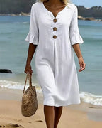 Robe en coton et lin femme boutonnée, manches courtes à volants