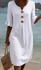 Robe en coton et lin femme boutonnée, manches courtes à volants, blanc