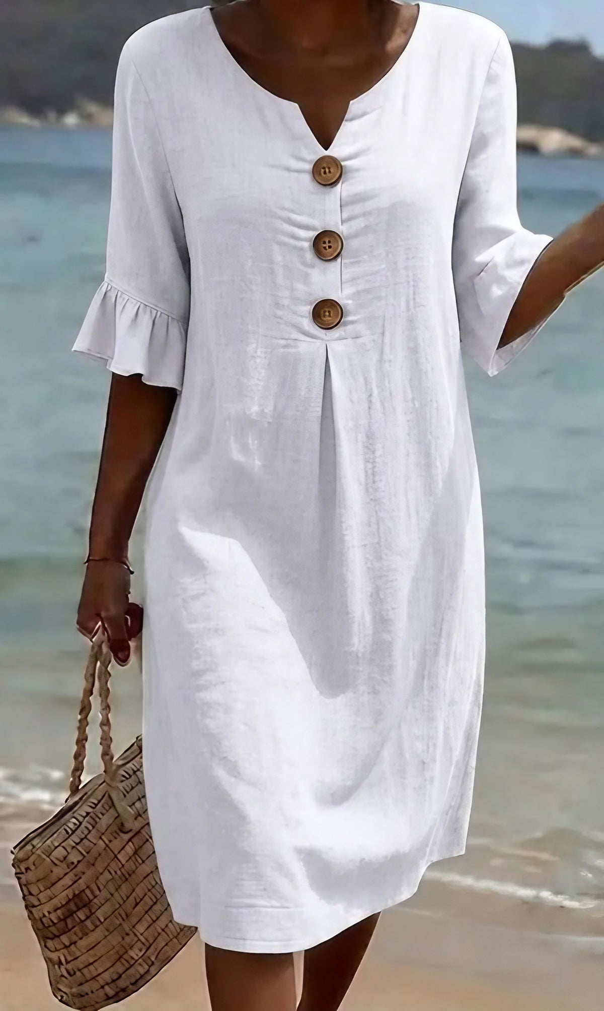 Robe en coton et lin femme boutonnée, manches courtes à volants, blanc