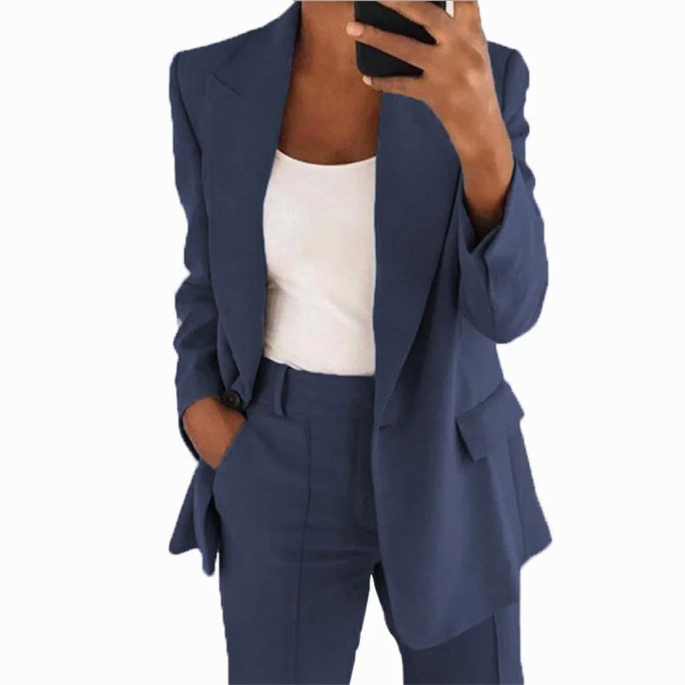 Tailleur pantalon femme, blazer col V et pantalon large