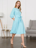 Robe midi femme nouée à la taille, coupe fluide, dix coloris, bleu clair