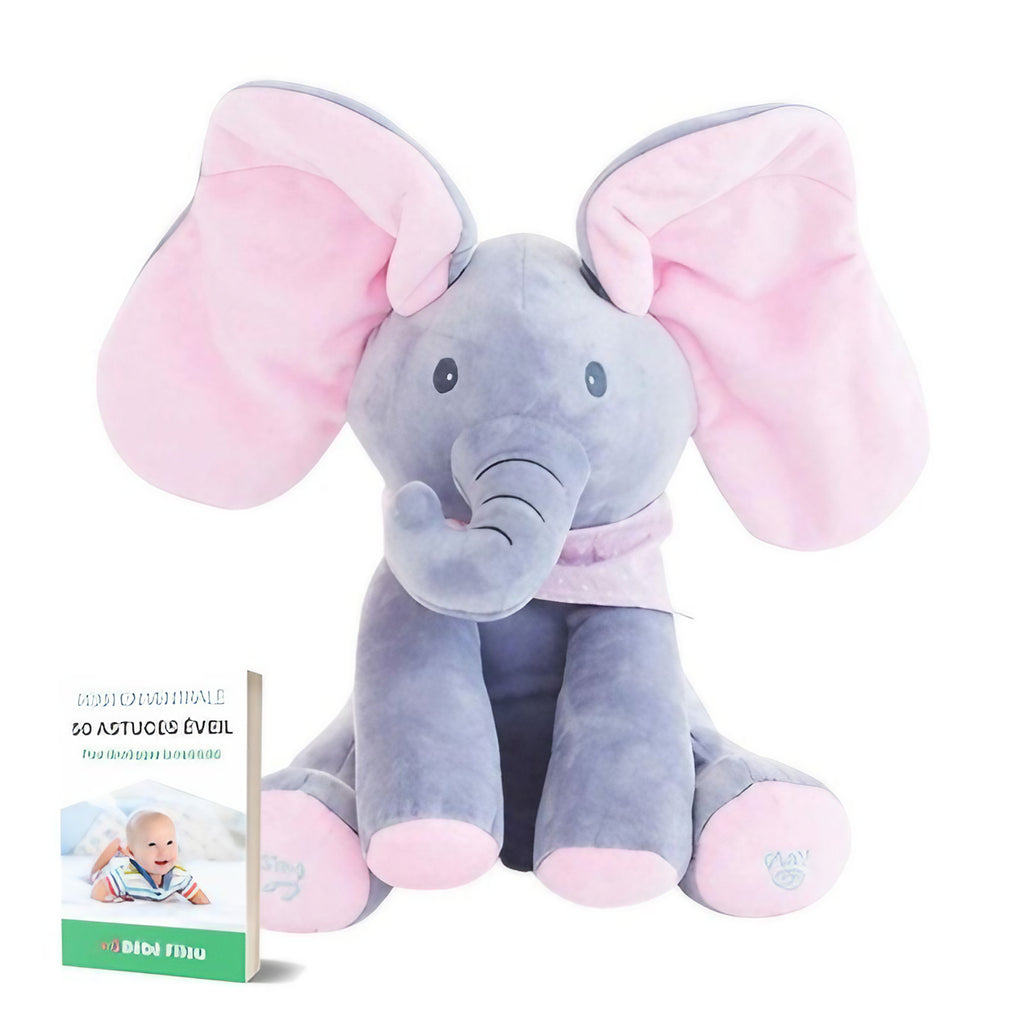 Peluche éléphant musicale pour bébé, oreilles mobiles, 30 cm, rose
