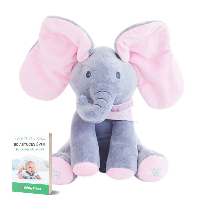 Peluche éléphant musicale pour bébé, oreilles mobiles, 30 cm, rose