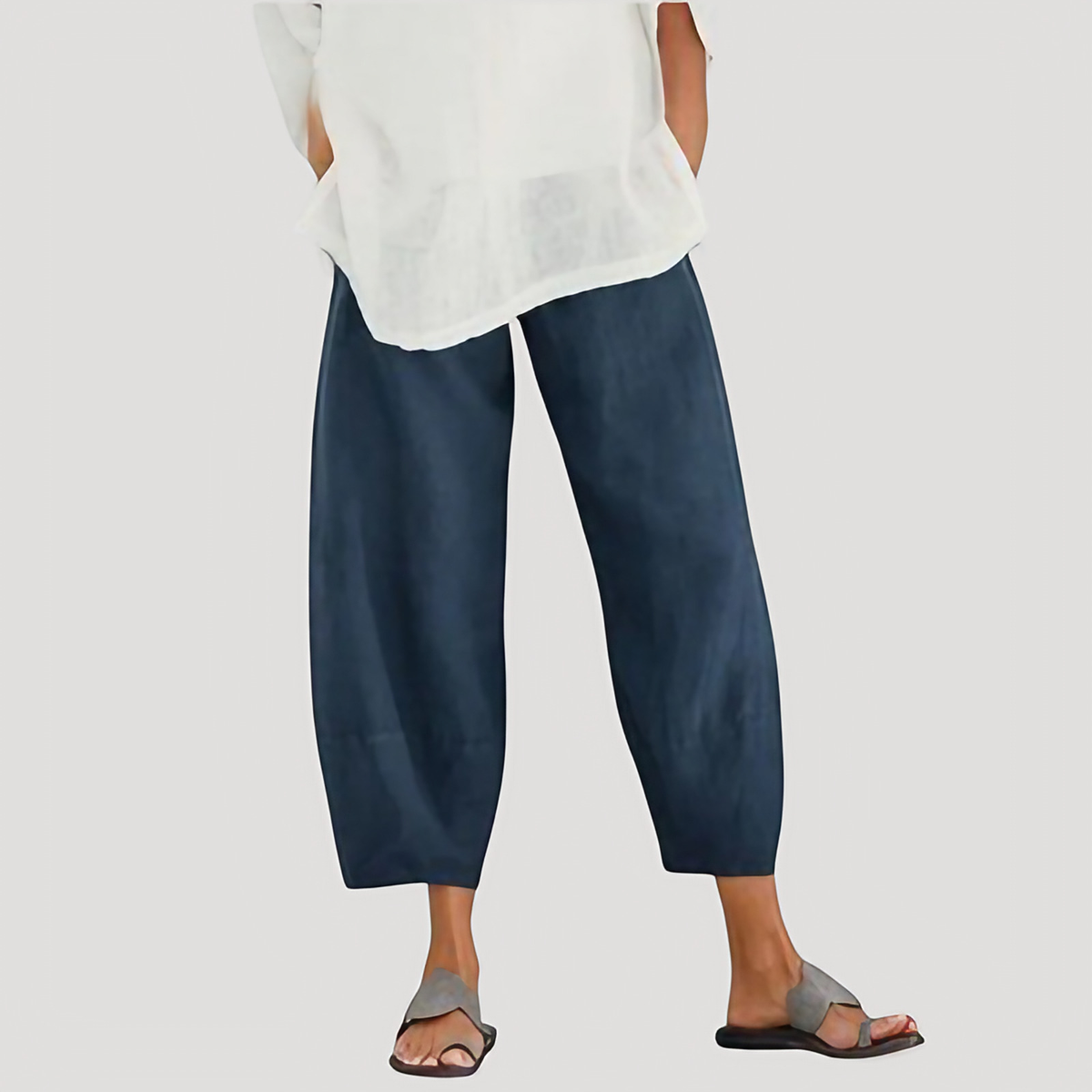 Pantalon en lin femme ample, taille élastique, du S au 5XL, bleu foncé