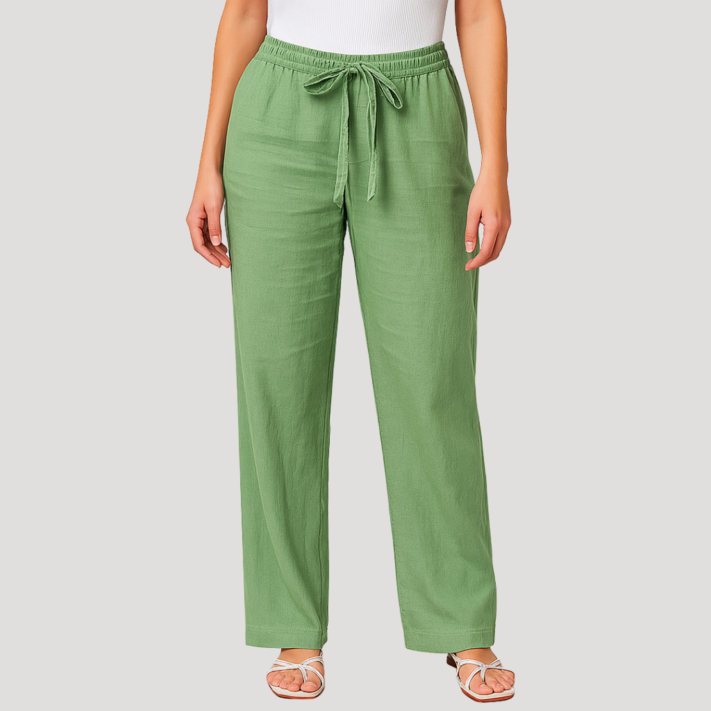 Pantalon en lin femme droit, taille élastique à lien, du S au 5XL, vert