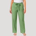 Pantalon en lin femme droit, taille élastique à lien, du S au 5XL, vert