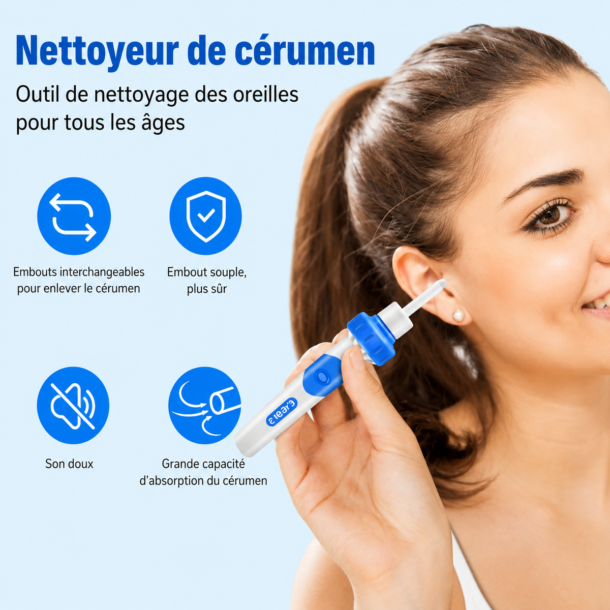 Nettoyeur d'oreilles par aspiration, prise en main ergonomique