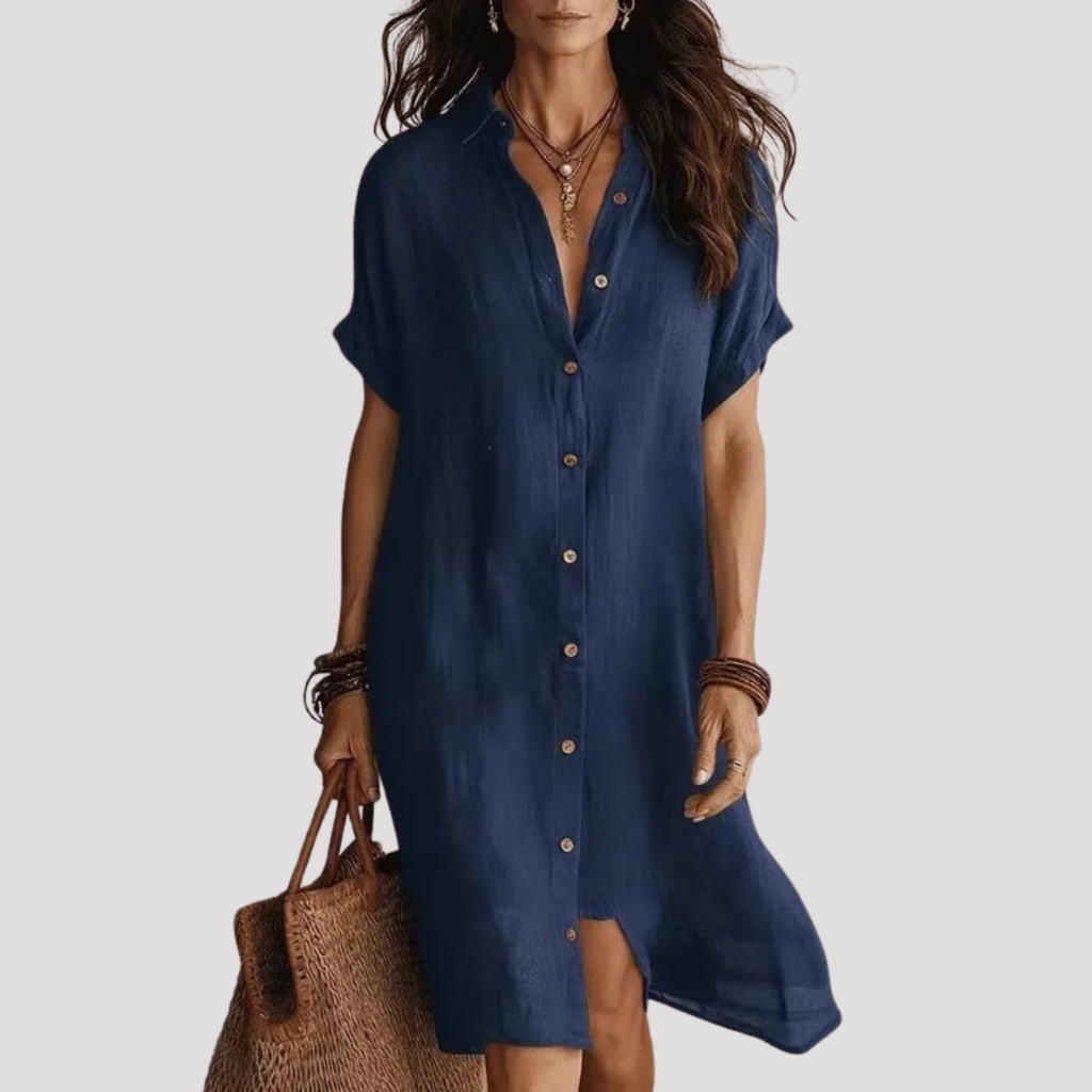 Robe chemise longue femme col V boutonnée, manches courtes, bleu marine