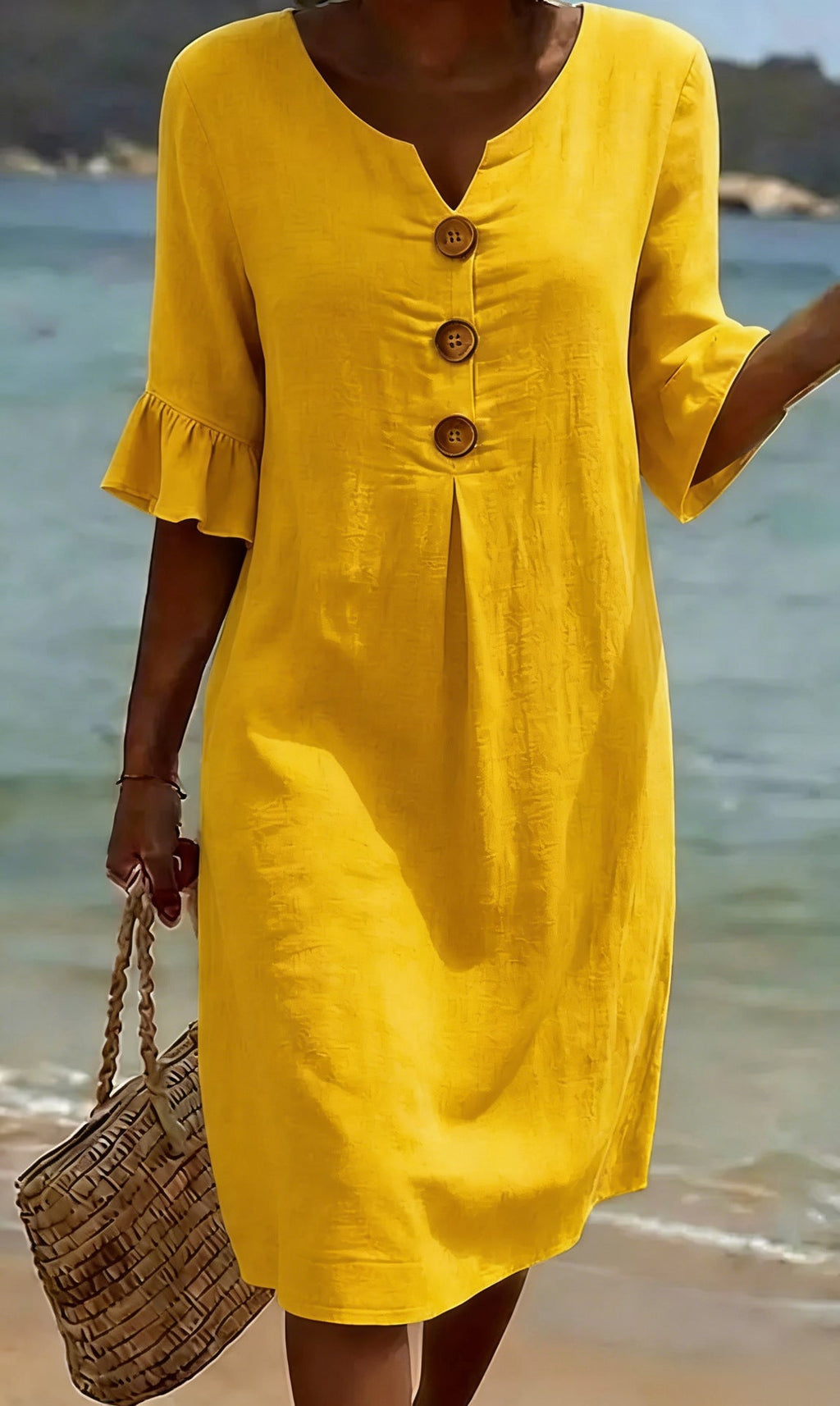 Robe en coton et lin femme boutonnée, manches courtes à volants, jaune