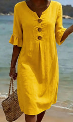Robe en coton et lin femme boutonnée, manches courtes à volants, jaune