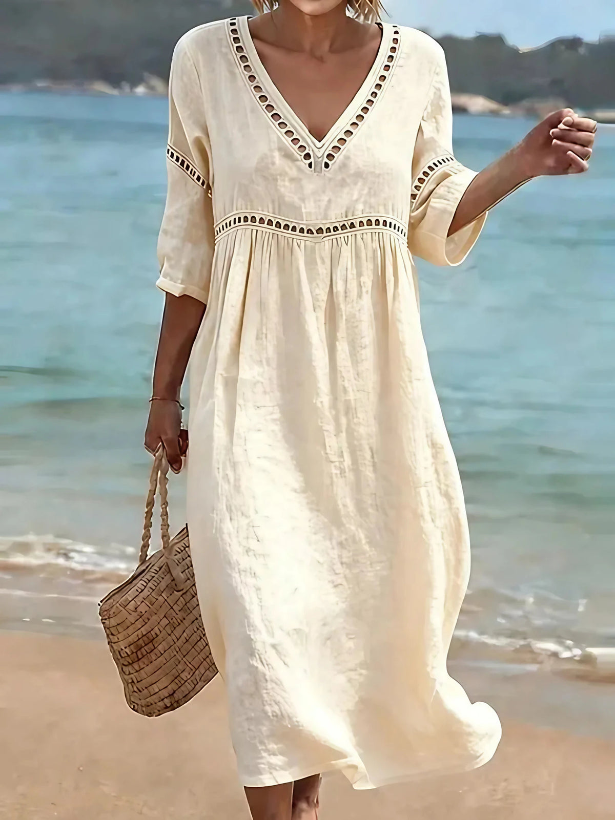 Robe en coton femme col V, mi-longue, manches courtes et poches, blanc