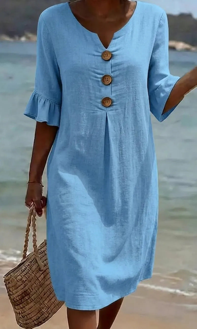 Robe en coton et lin femme boutonnée, manches courtes à volants, bleu