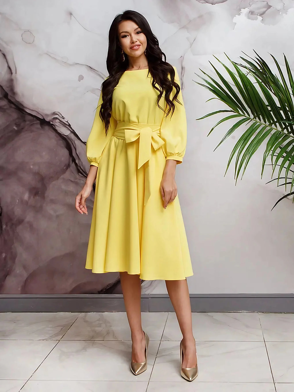 Robe midi femme nouée à la taille, coupe fluide, dix coloris, jaune