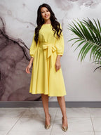 Robe midi femme nouée à la taille, coupe fluide, dix coloris, jaune