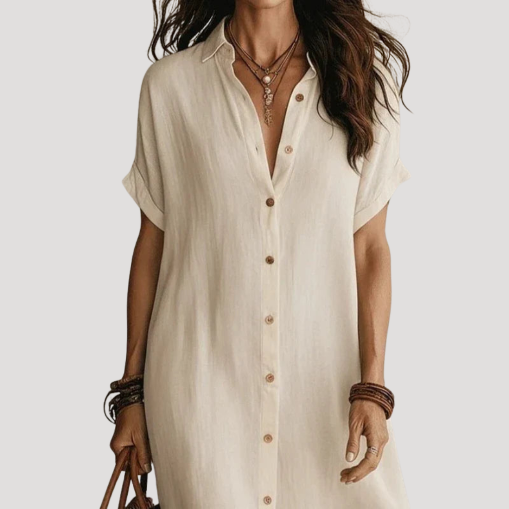 Robe chemise longue femme col V boutonnée, manches courtes, blanc cassé