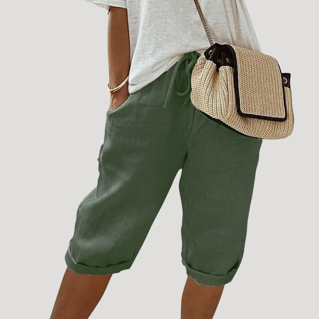 Bermuda femme taille élastique à cordon, coupe ample, vert