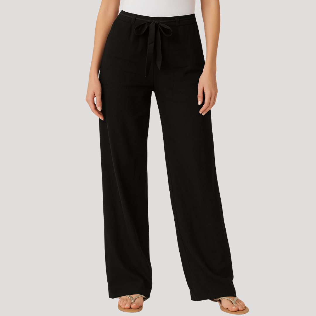 Pantalon en lin femme droit, taille élastique à lien, du S au 5XL, noir