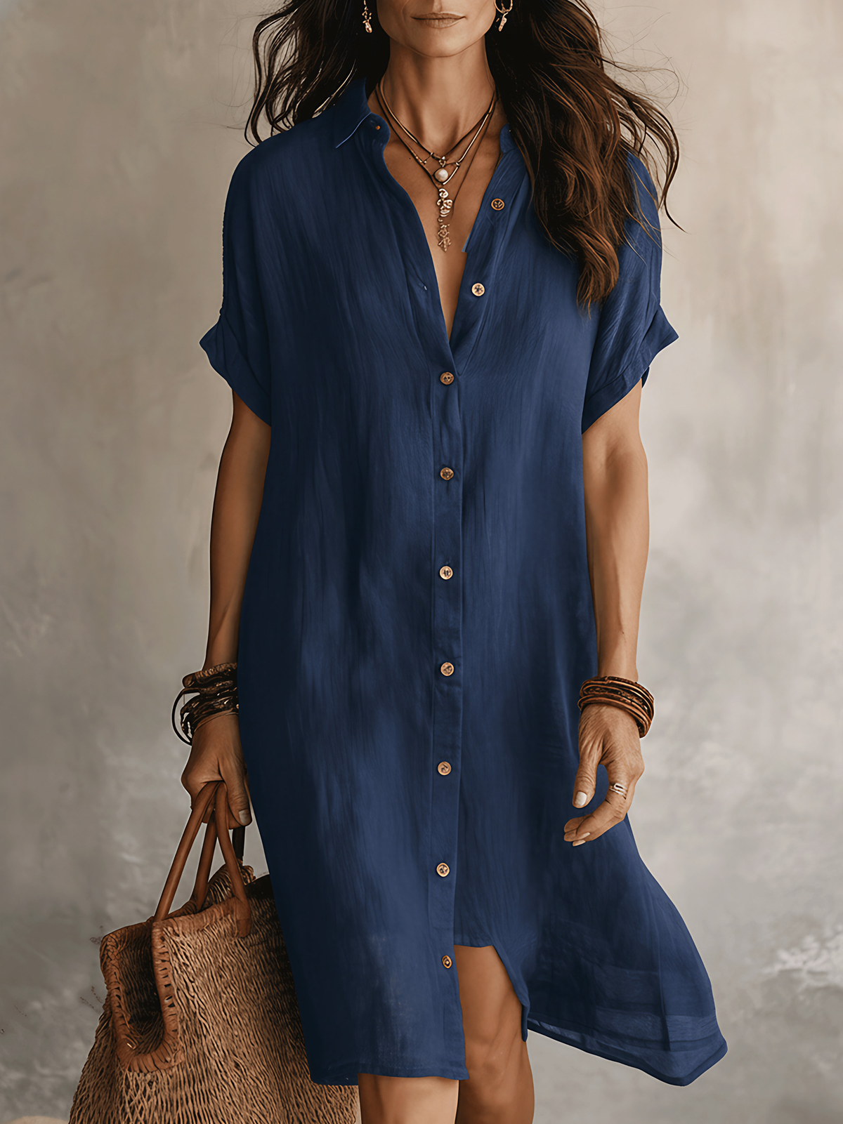 Robe chemise midi femme à manches courtes et boutons contrastants, bleu