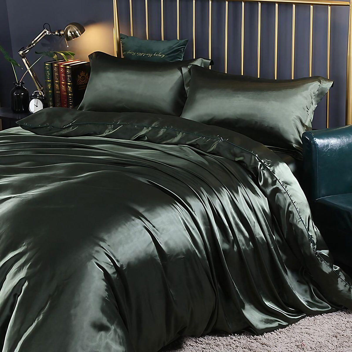 Parure de lit en satin 4 pièces, treize coloris, vert émeraude
