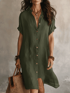 Robe chemise midi femme à manches courtes et boutons contrastants, vert