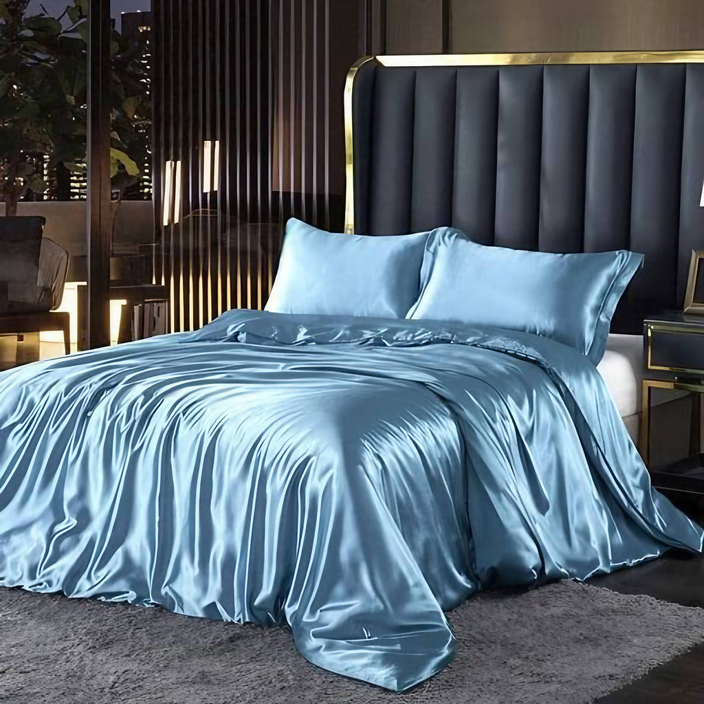 Parure de lit en satin 4 pièces, treize coloris, bleu ciel