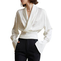 Blouse blanche femme à manches courtes bouffantes et col V, blanc