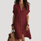 Robe chemise longue femme col V boutonnée, manches courtes, bordeaux