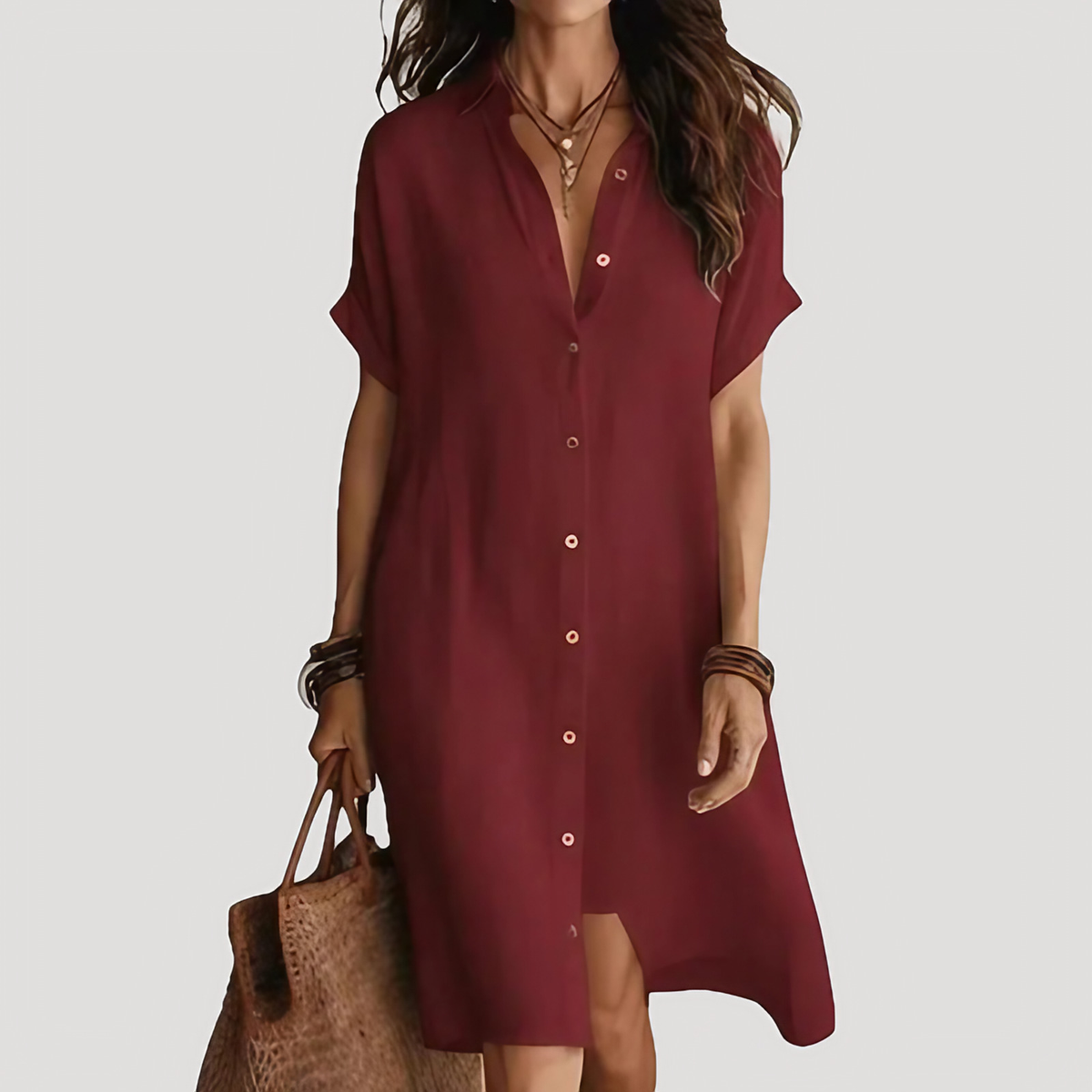 Robe chemise longue femme col V boutonnée, manches courtes, bordeaux