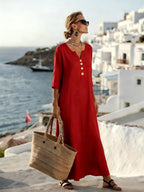 Robe en coton et lin femme, coupe ample, manches 3/4, rouge